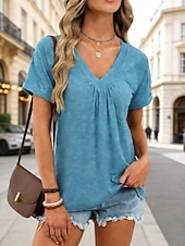 preiswerte Einfarbiges T-Shirt-Damen T Shirt T-Shirt Einfarbig Elegant Vintage Mode Kurzarm V Ausschnitt Normale Oberteile Täglich Sport Wochenende Blau Schwarz Weiß Rosa Grün Sommer Frühling Herbst