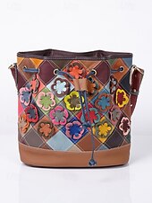 olcso Kézitáskák és bevásárlótáskák-női bohém bőr vödörtáska, többszínű virágmintával, sokoldalú viselet, állítható vállpántok, tökéletes a mindennapi használatra