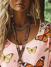 voordelige Boho Tops-Dames Boho-T-shirt T-shirt Afdrukken Bloemig Vintage Etnisch Casual Lange mouw V-hals Normale tops Dagelijks Weekend Vakantiekleding Blozend Roze Zomer Lente Herfst