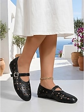 economico Ballerine da donna-ballerine Mary Jane bianche tagliate al laser da donna - scarpe da ballo traspiranti con cinturino e fibbia per resort all'aperto, vacanze tropicali &amp;viaggio estivo
