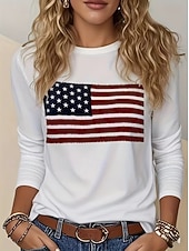  Ziua Independenței Tricou patriotic pentru femei Imprimare Grafic cu steag Steagul American Stilat Clasic Casual Mâneci lungi Gât rotund Topuri regulate Zilnice Alb Vară Primăvară