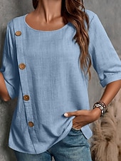preiswerte Hemden-Damen Bluse Hemd aus Leinenimitat Knöpfe Einfarbig Stilvoll Basic Lässig Halbarm Rundhalsausschnitt Normale Oberteile Täglich Blau Schwarz Weiß Armeegrün Rote Sommer Frühling Herbst