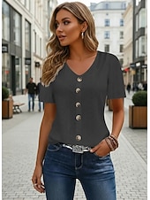 olcso Csipkés felsők-Női Pointelle ing Fűzőlyuk felső Gombok Napi Rövid ujjú V-alakú Normál felsők Hétköznapi Napi Tengerpart Hamvaszöld Fekete Fehér Arcpír rózsaszín Égszínkék Nyár