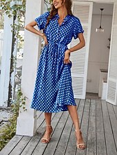 preiswerte Streifen- und geometrische Kleider-Damen Midikleid A Linie Kleid Urlaub Lässig Outdoor Ausgehen Normale Passform Tupfen Kurzarm Umlegekragen Blau Marineblau Weiß Rosa Sommer Frühling