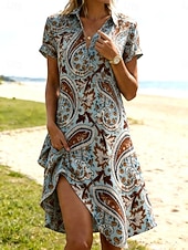 baratos Vestido Boho de Férias-Mulheres Vestido no Joelho Vestido Boho Vestido casual Vestido estampado Moda Clássico Moderno Ao ar livre Férias Para Noite Normal Estampado Cashemere Manga Curta Colarinho de Camisa Azul Verão