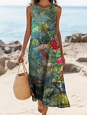  Women's Midi Dress Faux Cotton Linen Shift Dress Sundress Casual Dress Vintage Daily Outdoor Vacation Regular Fit Floral Sleeveless Crew Neck Green Summer Spring
