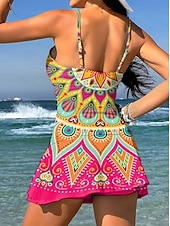 お買い得  タンキニ-女性用 スイムウェア ワンピース スカート 水着 エレガント 旅行度假风 グラフィック 幾何学模様 Ｖネック ノースリーブ 水着