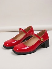 Недорогие Туфли Мэри Джейн-Женские красные туфли-мэри-джейн на устойчивом каблуке — удобные лакированные туфли на среднем каблуке из искусственной кожи с регулируемым ремешком для работы в офисе, делового повседневного стиля и ежедневных поездок на работу.