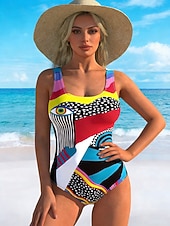 Недорогие Монокини-Жен. Купальники Один кусочек Высокий вырез купальник Одежда для пляжа лето Графика Геометрический принт U-образный вырез Без рукавов Купальники