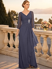  A-Line Floor Length Wedding Guest Dress Formal Dresses Evening Gown Mother of the Bride Dress 3/4 Length Sleeve V Neck Elegant Wedding Guest Engagement Party Chiffon with Beading Ruching