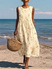cheap Vacation Dresses-Women's Midi Dress Shift Dress Sundress A Line Dress Vacation Casual Boho Beach Party Going out Loose Fit Floral Graphic Sleeveless Crewneck Light Yellow Deep Green Gray Green Orange red Summer Spring