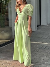 halpa rennot haalarit-Naisten Normaali Haalarit Tyylikäs Yhtenäinen väri Lyhythihainen Leveä reisi V kaula-aukko Päivittäin Loma Normaali Musta Keltainen Vaalean vihreä Kesä