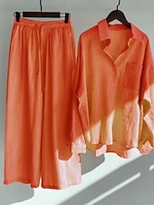 preiswerte Sets-Damen Baumwoll-Leinen Hosen Sets Bolero Oberteil Langarm Hemd Kragen Einfarbig Mode Streetwear Lässig Alltag Draußen Blau Schwarz Weiß Sommer Lockerer Schnitt