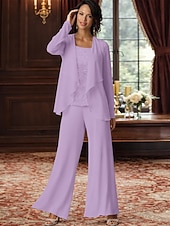 abordables Trajes de pantalón de mamá-Traje de pantalón Traje de 3 piezas Hasta el Suelo Vestido de Madrina Sin Mangas Barco de cuello Elegante Talla Grande Bolero incluido Formal Invitado a la boda Gasa con Encaje