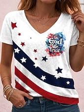  Giorno dell'Indipendenza Americana Per donna Maglietta Stampato Grafico Bandiera Bandiera Americana Vintage Elegante Classico Manica Corta Scollo a V Top Regolari Quotidiano Blu Bianco / blu Bianco