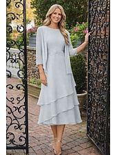 economico Set di abiti per la mamma-Tubino Colonna Lunghezza Tè Abito da invitata a nozze Abito da cerimonia per signora Manica 3/4 Collo gioiello Elegante Ospite di nozze Chiffon Con Stola con Arricciatura