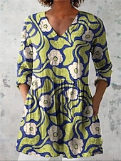 baratos Arte &amp; Design Blusas-Mulheres Blusa Franzido Gráfico Geométrica Elegante à moda Casual Manga Longa Decote V Tops longos Diário Trabalho Laranja Verde Verão Primavera