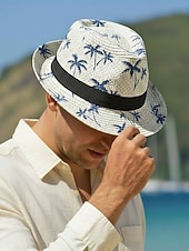 abordables Accesorios de vacaciones-Sombrero fedora de paja para hombre con estampado de palmeras, ligero y transpirable, tejido para verano, disponible en varios colores, estilo informal de resort para vacaciones en la playa en primavera y uso diario.