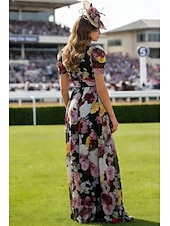 economico Abiti da sera a vita impero-A-Line Floor Length Wedding Guest Dress Formal Dresses Evening Gown Prom Dresses Elegant Short Sleeve V Neck Formal Wedding Guest Chiffon with Floral Print