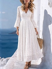 economico Abiti in pizzo bianco-Per donna Abito maxi Abito in pizzo bianco Abito a trapezio Casual All'aperto Uscire Vestibilità standard Tinta unica Manica Lunga Scollo a V Bianco Estate Primavera Autunno