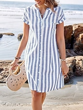 economico Abiti a Strisce e Geometrici-Per donna Mini Abito Abito a Tubino Vestito Estivo Abito Estivo Casual Quotidiano Vestibilità regolare A righe Manica Corta Scollo a V Blu Rosso Blu marino Grigio Estate