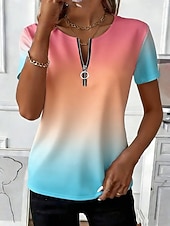 preiswerte Kunst &amp; Design T-Shirt-Damen T Shirt Reißverschluss Ombre Grafik Stilvoll Klassisch Lässig Kurzarm Rundhalsausschnitt Lange Oberteile Täglich Sport Wochenende Blau Gelb Rosa Purpur Grün Sommer Frühling