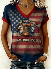 baratos Dia da Independência Top-Dia da Independência Camiseta Feminina Patriótica Impressão Gráfica Bandeira Americana Vintage Estilosa Clássica Manga Curta Decote em V Tops Regulares Diário Branco-Azul Branco Vermelho  Azul Verão