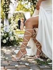 economico sposa-sandali da donna con tacco alto e cinturino color carne - eleganti scarpe da sposa con lacci per spose, matrimoni in giardino e occasioni speciali