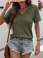 voordelige Effen Blouses-Dames T-shirt Kant Lapwerk Effen Modieus Stijlvol Klassiek Korte mouw V-hals Normale tops Dagelijks Uitgaan Weekend blauw Zwart Wit Leger Groen Groen Zomer Lente