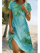 cheap Floral Dress-Women's Mini Dress Sundress T Shirt Dress Tee Dress A Line Dress Vacation Casual Outdoor Beach Going out Regular Fit Floral Graphic Leaf Short Sleeve Crewneck Deep Green Light Green Light Blue-White