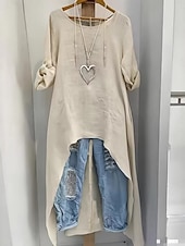 cheap Plain Blouses-Women's Blouse Faux Linen Shirt Asymmetric Hem Solid Color Stylish Casual Long Sleeve Crew Neck Long Tops Daily White Apricot Gray Summer Spring Fall