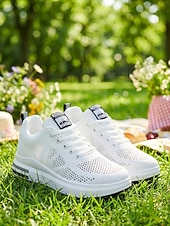 Недорогие Женские кроссовки-Белые женские дышащие кроссовки на платформе Flyknit — легкие, амортизирующие кроссовки для ходьбы, современная повседневная мода для бега, путешествий, работы, спортзала, шопинга. &amp;повседневная