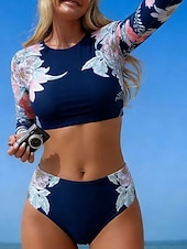 tanie Zestawy bikini-Damskie Stroje kąpielowe Bikini 2 szt Majtki Kostium kąpielowy Szczupła Odkryte plecy Urlop Stroje plażowe Kwiaty Okrągły dekolt Długi rękaw Kostiumy kąpielowe