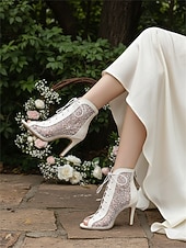 cheap Bride-Women's White Lace Mesh Open-Toe Wedding Booties with Lace-Up Front – Elegant Garden Bride Style, High Heel Stiletto Sandals for Outdoor Weddings and Romantic Bridal Showers
