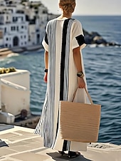cheap Stripe&amp;Geometric Dress-Women's Maxi Dress T Shirt Dress Tee Dress Shift Dress Vacation Casual Outdoor Going out Loose Fit Stripe Short Sleeve Crewneck Blue Black Brown Dark Purple Summer Spring
