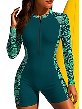 お買い得  ワンピースラッシュガード-女性用 レギュラー ラッシュガード 水着 ボイレグ フラワー トロピカル風 ジッパーを閉める 取り外し式パッド フロントファスナー UVサンプロテクション UPF50+ 超軽量(UL) 長袖 スイムウェア ラッシュガード サーフィン ビーチ ウォータースポーツ 夏