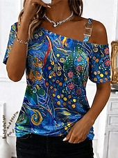 tanie Bluzki Art&amp;Design-Damskie Podkoszulek Koszulka Nadruk Asymetryczny/a Graficzny Abstrakcja Zabytkowe Moda Elegancki Krótki rękaw Na jedno ramię Z odsłoniętymi ramionami Asymetryczna szyja Zwykłe topy Codzienny