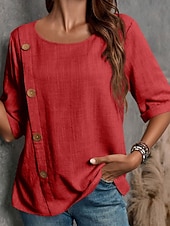 preiswerte Hemden-Damen Bluse Hemd aus Leinenimitat Knöpfe Einfarbig Stilvoll Basic Lässig Halbarm Rundhalsausschnitt Normale Oberteile Täglich Blau Schwarz Weiß Armeegrün Rote Sommer Frühling Herbst