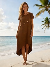 abordables Vestido Sencillo-Mujer Vestido Midi Vestido de una línea Vestido de verano Casual Holgado Plano Manga Corta Escote en Pico Azul Piscina Blanco Rojo Marrón Verano Primavera