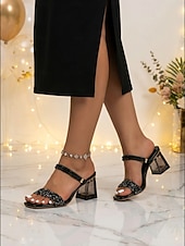 abordables Sandalias de tacón-Sandalias de tacón con cristales negros para mujer: zapatos transparentes de punta abierta con tacón de bloque para cócteles, vestidos de noche y ocasiones formales.