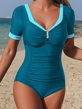 levne Černobílé plavky-Dámské Plavky Jeden kus Plavky Nabírané šaty Slátanina Volná záda prázdniny Oblečení na pláž Bez vzoru Do V Krátké rukávy Plavky