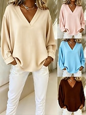 baratos Blusas Simples-Mulheres Blusa Camisa de algodão Côr Sólida Diário à moda Básico Manga Longa Decote V Tops regulares Diário Azul Rosa Marron Bege Primavera Outono
