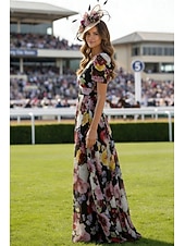economico Abiti da sera a vita impero-A-Line Floor Length Wedding Guest Dress Formal Dresses Evening Gown Prom Dresses Elegant Short Sleeve V Neck Formal Wedding Guest Chiffon with Floral Print