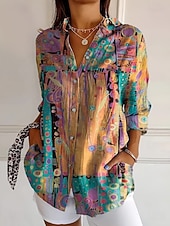 billiga Randiga och geometriska blusar-Dam Skjorta Blus Lappverk Knappar Mönster Grafisk Geometrisk Rutig Vintage Tropisk Dagligen Långärmad Tröjkrage Långa toppar Dagligen Blå Svart Rubinrött Marinblå Orange Sommar Vår