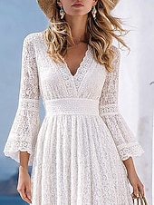 economico Abiti in pizzo bianco-Per donna Abito maxi Abito in pizzo bianco Abito a trapezio Casual All'aperto Uscire Vestibilità standard Tinta unica Manica Lunga Scollo a V Bianco Estate Primavera Autunno