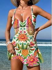 billiga Tankinis-Dam Badkläder En bit Kjol Baddräkt Elegant Semester Grafisk Geometrisk V-hals Ärmlös Baddräkter