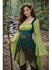 levne oblečení-Středověké Renesanční Šaty Fancy kostým Elf Víla Elfí Maškarní kostým Dámské Fantazie předvečer Všech svatých Karneval Výkon LARP Ren Faire Dospělé Šaty Pásek