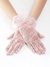 baratos Casamento ACC-Luvas femininas de poliéster com renda, design floral elegante e transparente, macias e leves, estilo clássico vintage em diversas cores, ideais para noivas, casamentos, festas noturnas, formaturas e eventos formais.