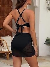 billige Bikinisett-Dame Badetøy Bikini 2 stk Skjørt Badedrakt Snorer Tynn Åpen rygg Ferie Strand Klær Helfarge V-hals Ermeløs Badedrakter
