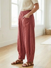 preiswerte Premium-Leinen-Kollektion-Damen-Leinenhose aus 70 % Leinen, weites Bein, Chino-Stil, Sommerhose, Urlaubshose, Streetwear, Basic, lange Länge, mittlere Bundhöhe, schlicht, Tasche, elastischer Bund, bequem, komfortabel, nicht elastisch, für Alltag, Outdoor, Straße, Bordeauxrot, Azur